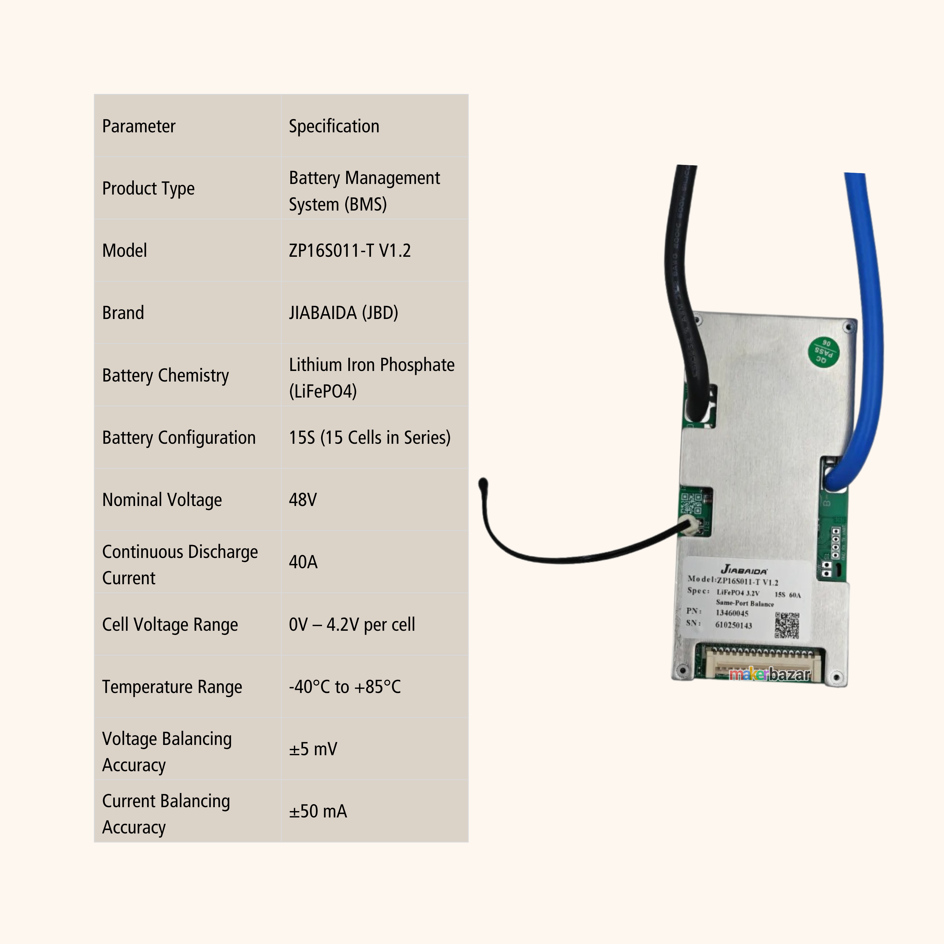 JIABAIDA JBD 15S Series 48V LiFePO4 BMS V1.2 Battery Management System