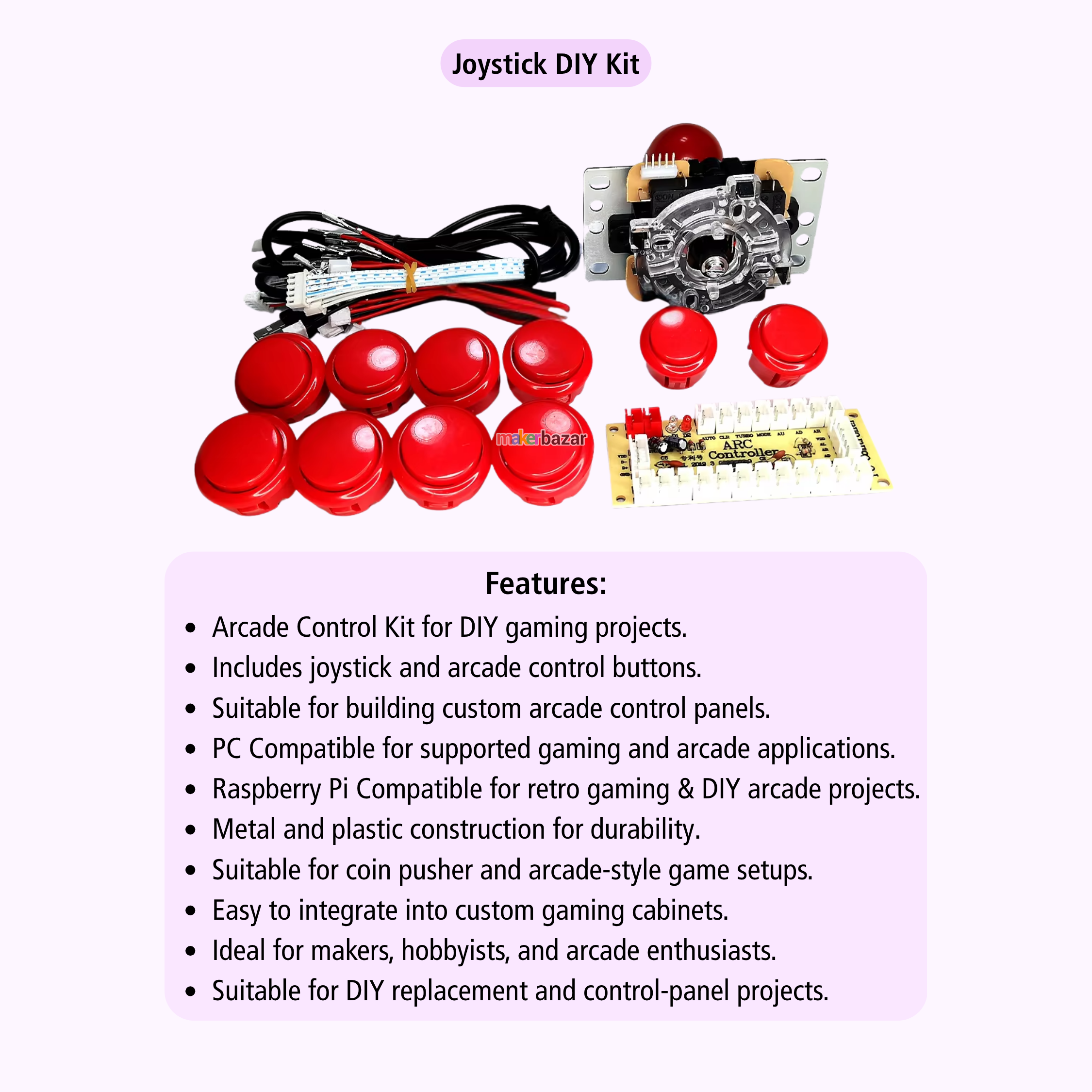 Joystick DIY kit with multiple red arcade-style buttons, wiring, a joystick motor assembly, and a circuit board, shown above a features list on a light background.