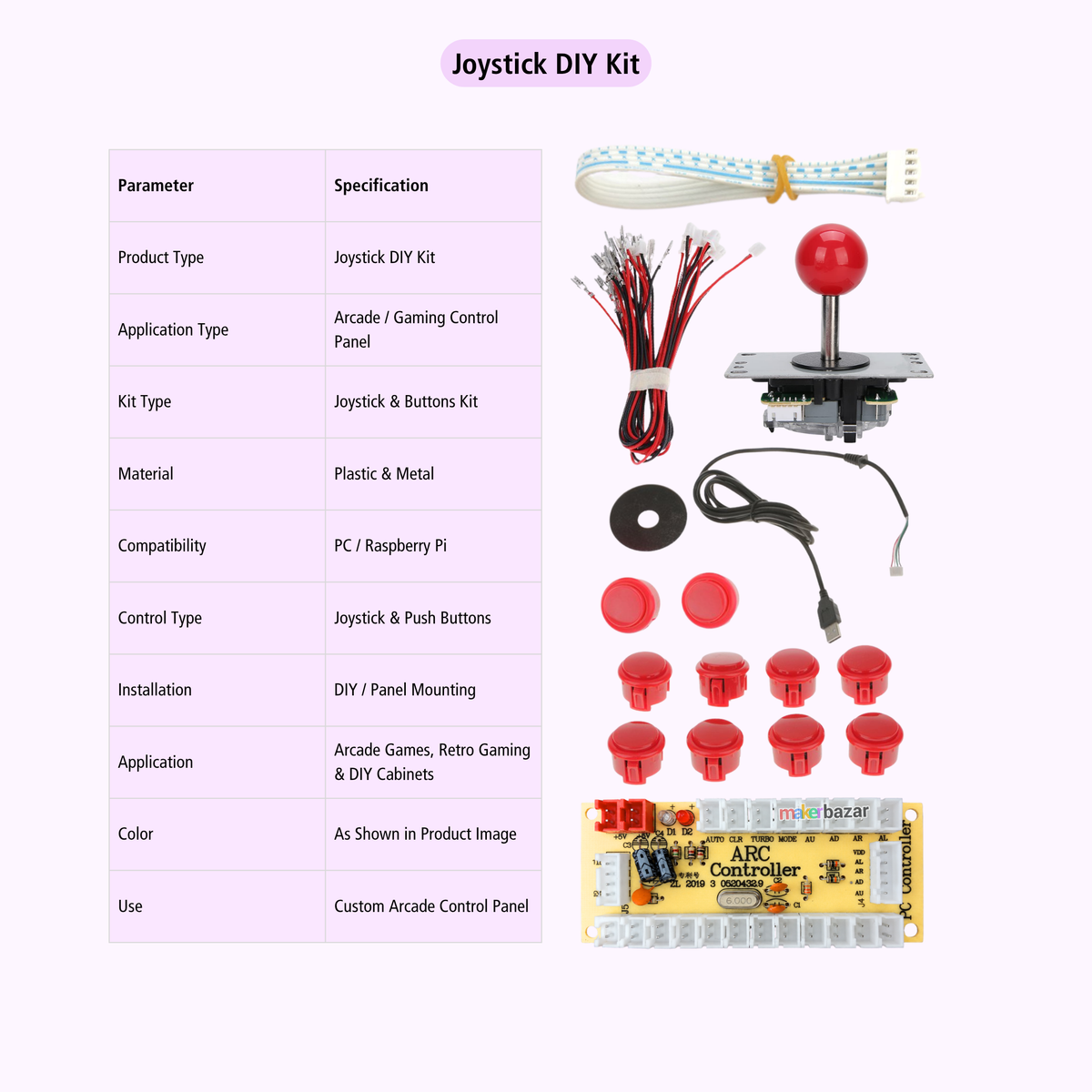 A Joystick DIY Kit product listing graphic on a pale pink background, showing a joystick assembly with red ball, wiring, push buttons, mounting disc, cables, and a yellow control panel module. A specification table appears on the left, and the product components are arranged on the right.