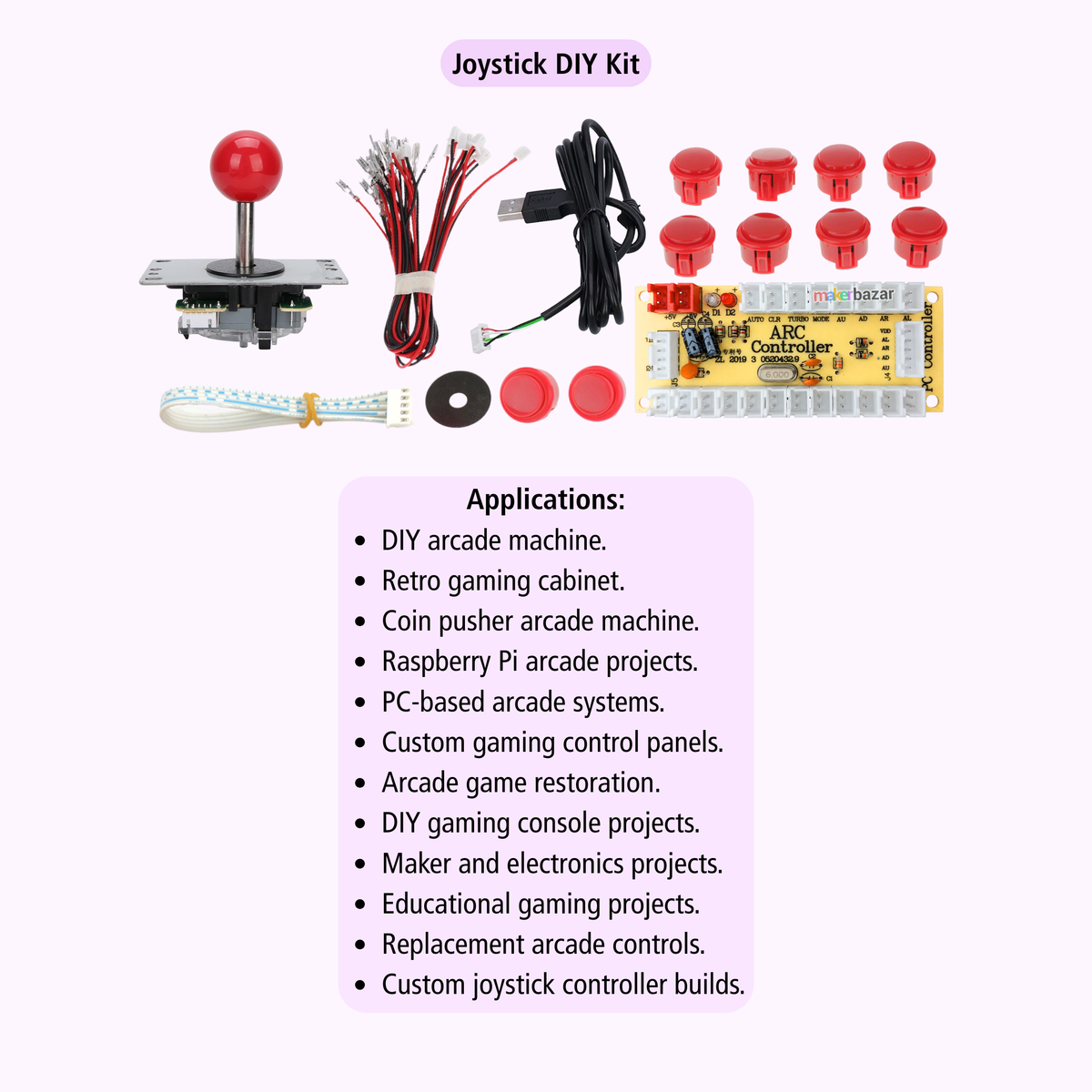 Joystick DIY kit components laid out on a white background, including an arcade joystick with a red ball, wiring harness, black cables, red buttons, a yellow PCB module, a white-and-blue striped switch, and a small round black piece. Text at the bottom lists possible applications such as DIY arcade machine, retro gaming cabinet, and coin pusher arcade machine.
