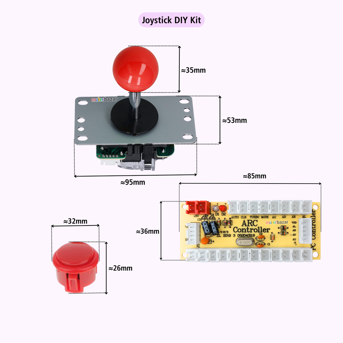 Joystick DIY kit components shown on a light lavender background with printed dimensions: a red spherical joystick on a metal base, a red round switch, and a yellow ARC controller board. Text labels include joystick DIY kit, joystick, and switch.
