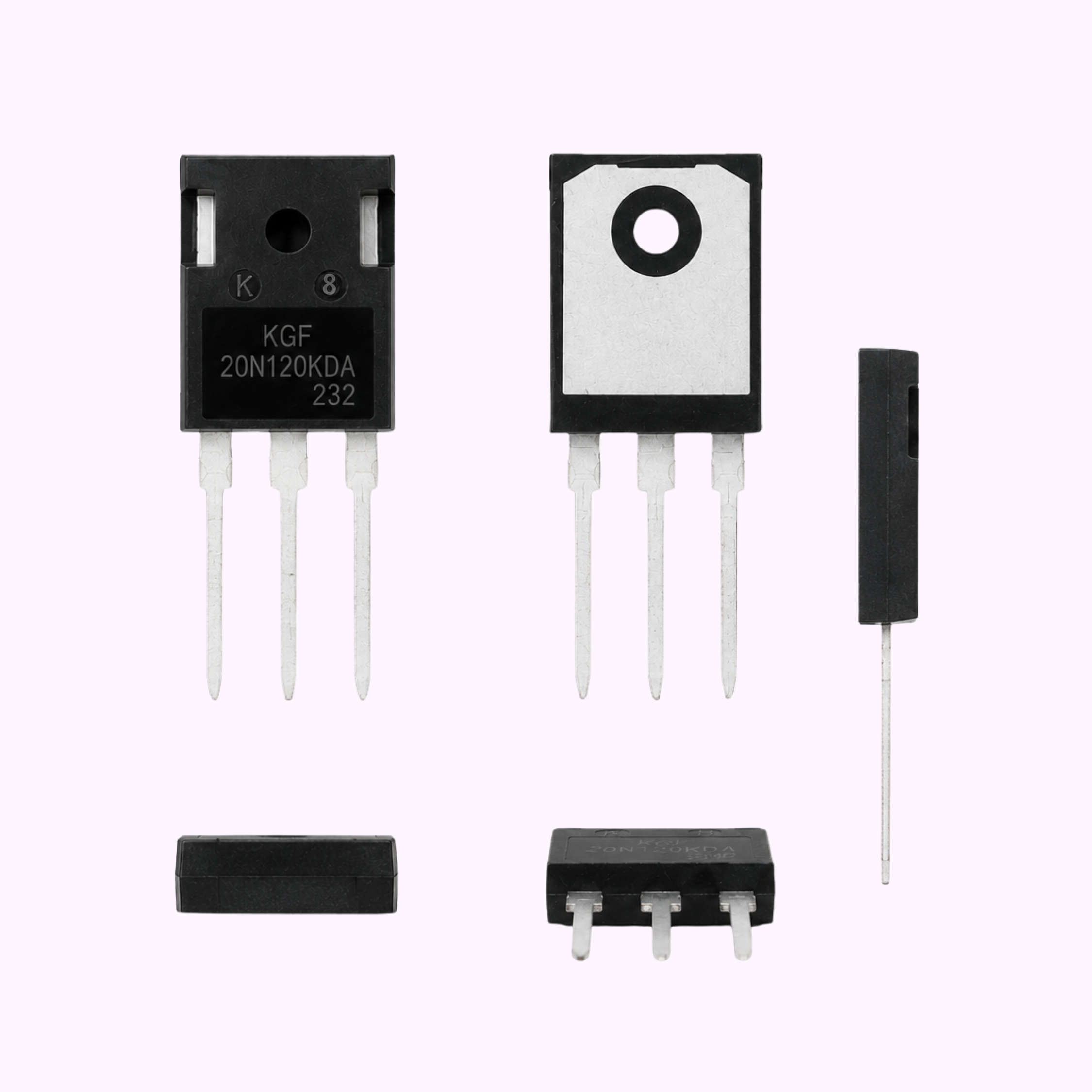 Four views of a KGF 20N120KDA 232 power transistor in TO-220 package, showing the top, front, side, and bottom angles on a plain white background.