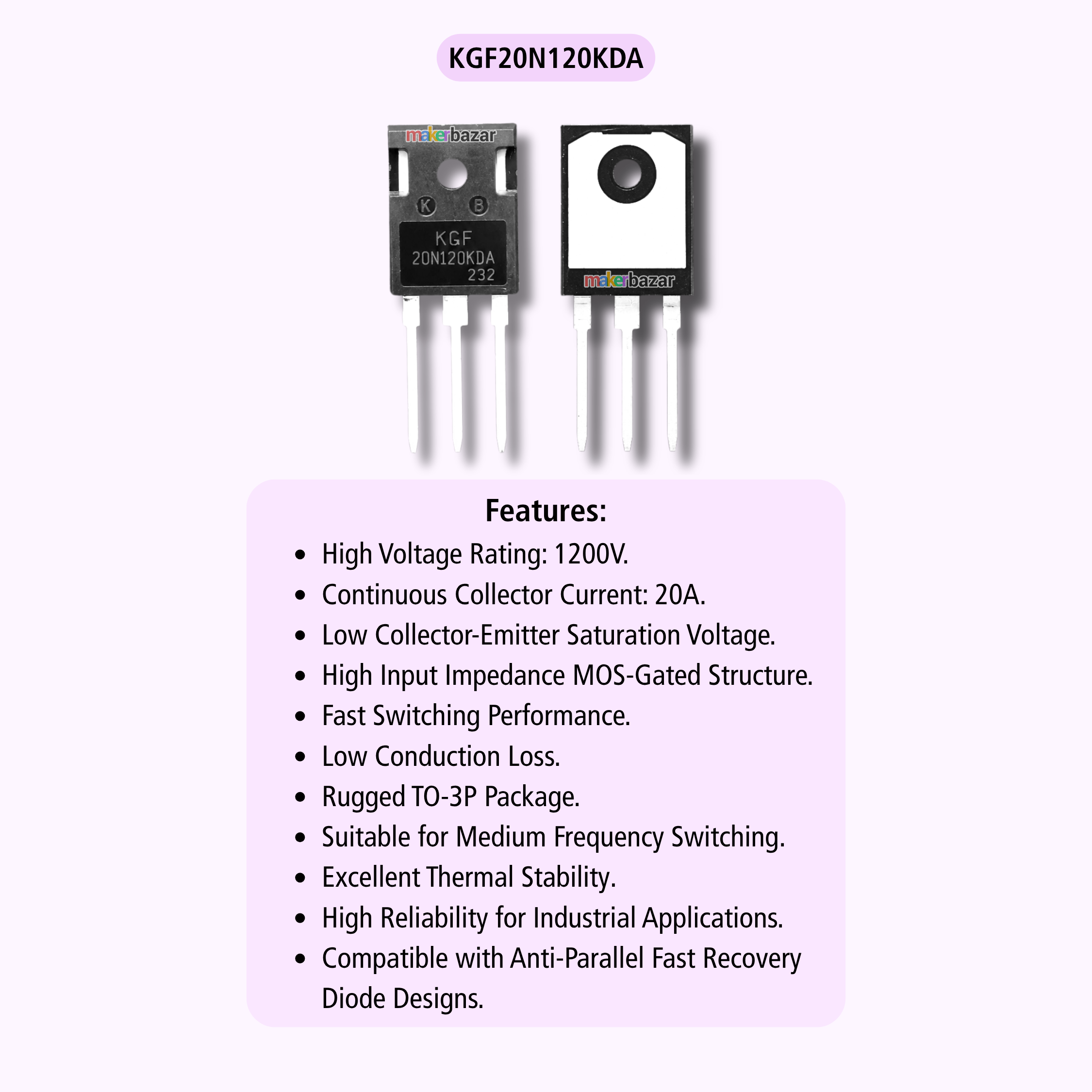 An electronic transistor component shown from two angles with a text box listing features on a pale lavender background.