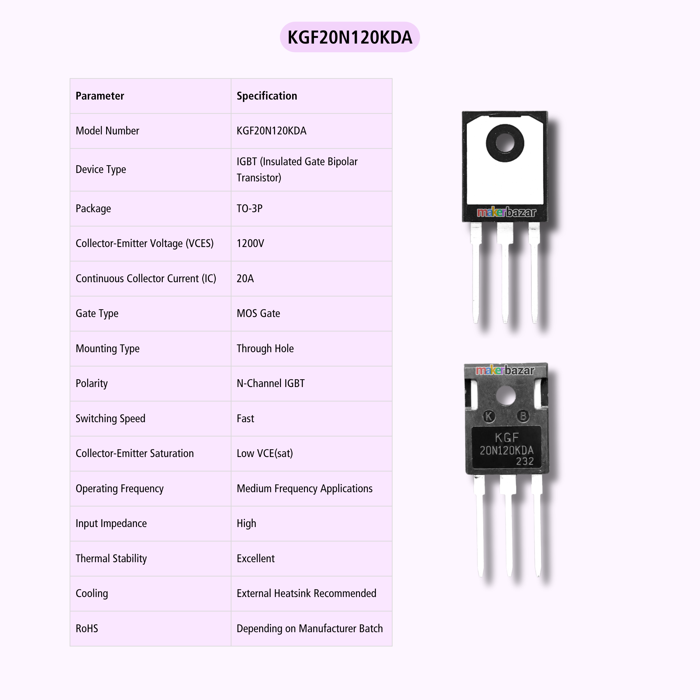A technical specification table for the KGF20N120KDA transistor, shown alongside two images of the actual transistor package on a pale pink background.