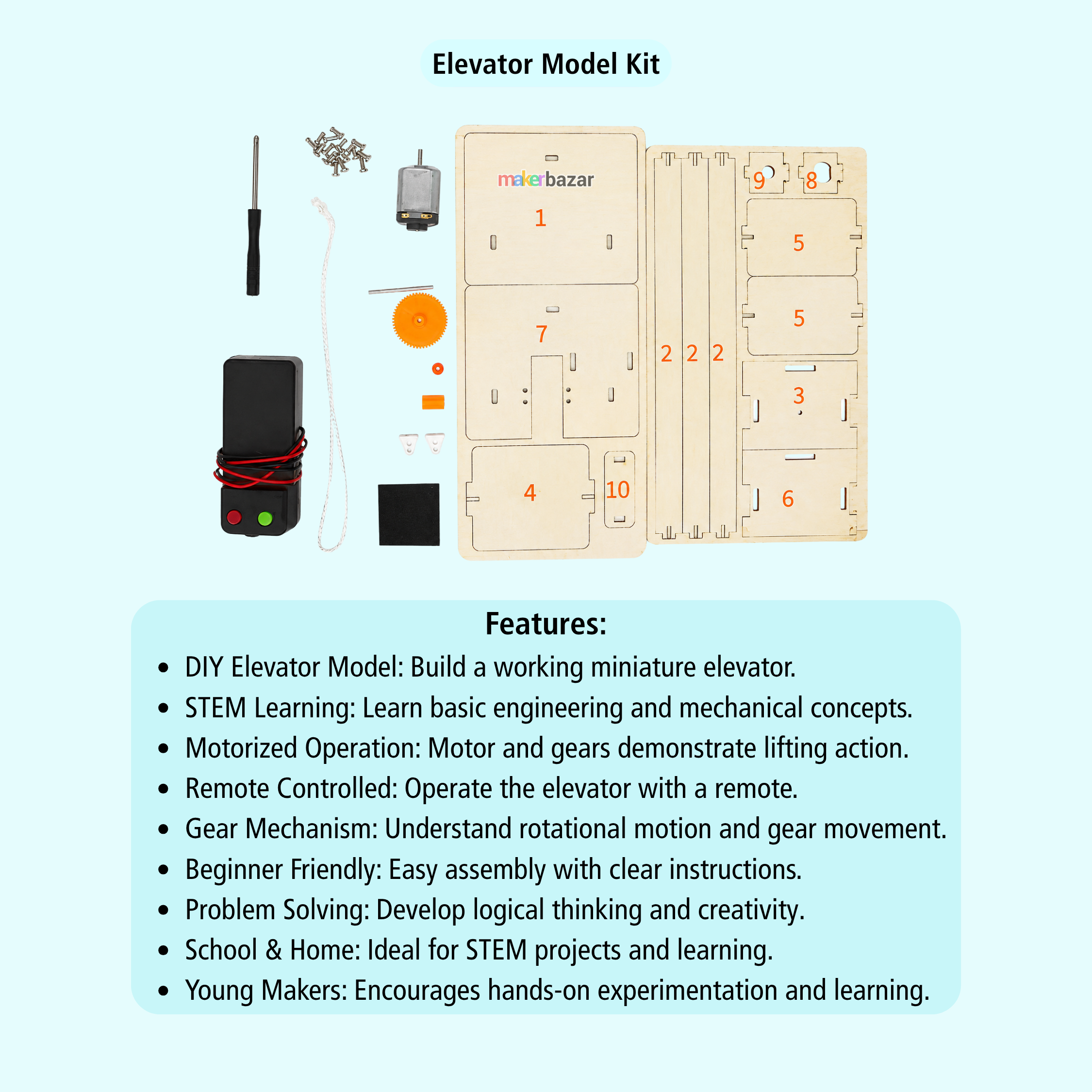 Elevator Model Kit components laid out on a light blue background, including wooden elevator panels, gears, a motor, remote control, and instruction booklet. Text on the image lists features such as DIY building, STEM learning, motorized operation, remote control, and gear mechanism.