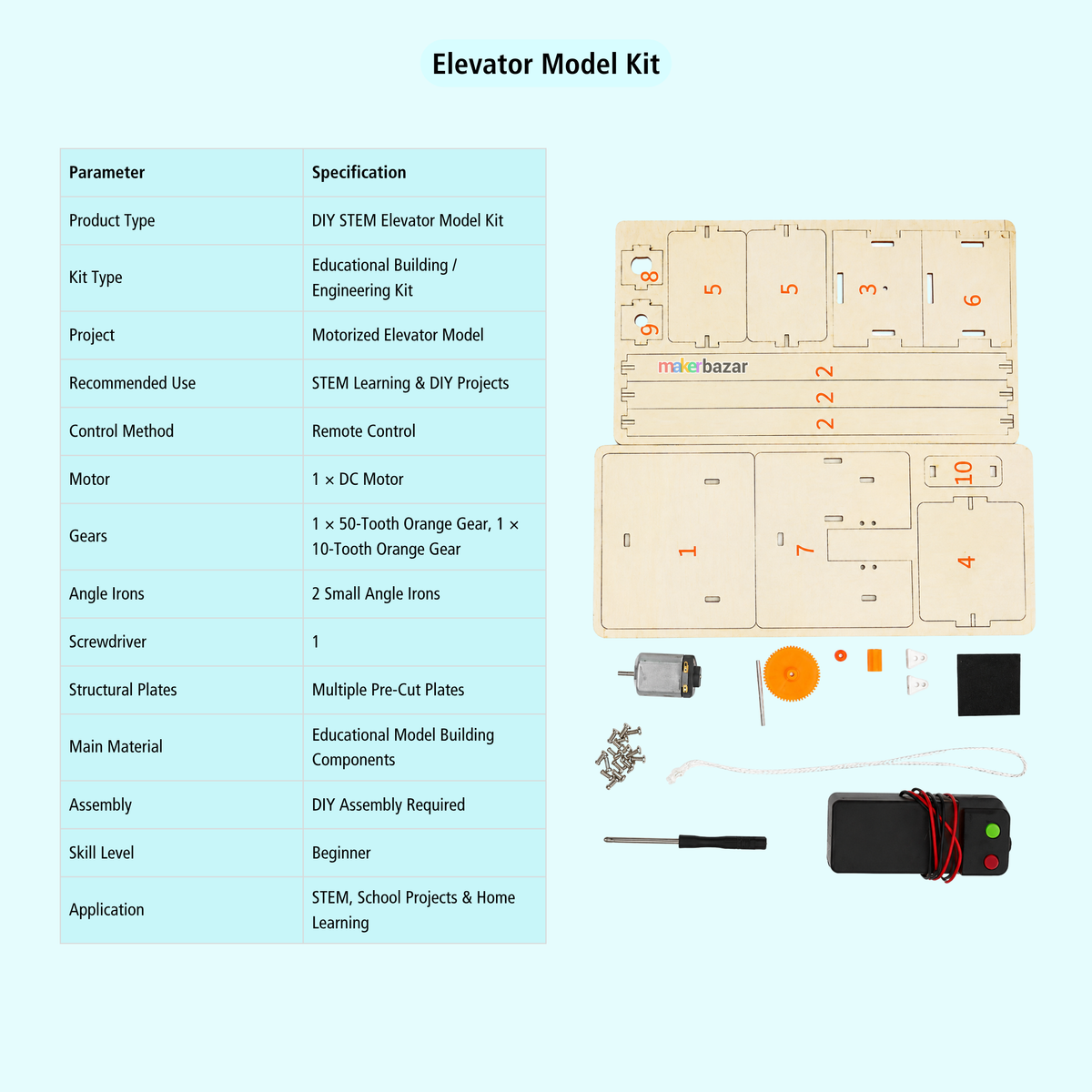 Elevator Model Kit components and specifications chart on a light blue background. The kit includes printed wooden elevator panels, gears, screws, a small motor, wiring, and a remote control, with a table listing parameters such as product type, recommended use, motor, gears, and assembly requirements.