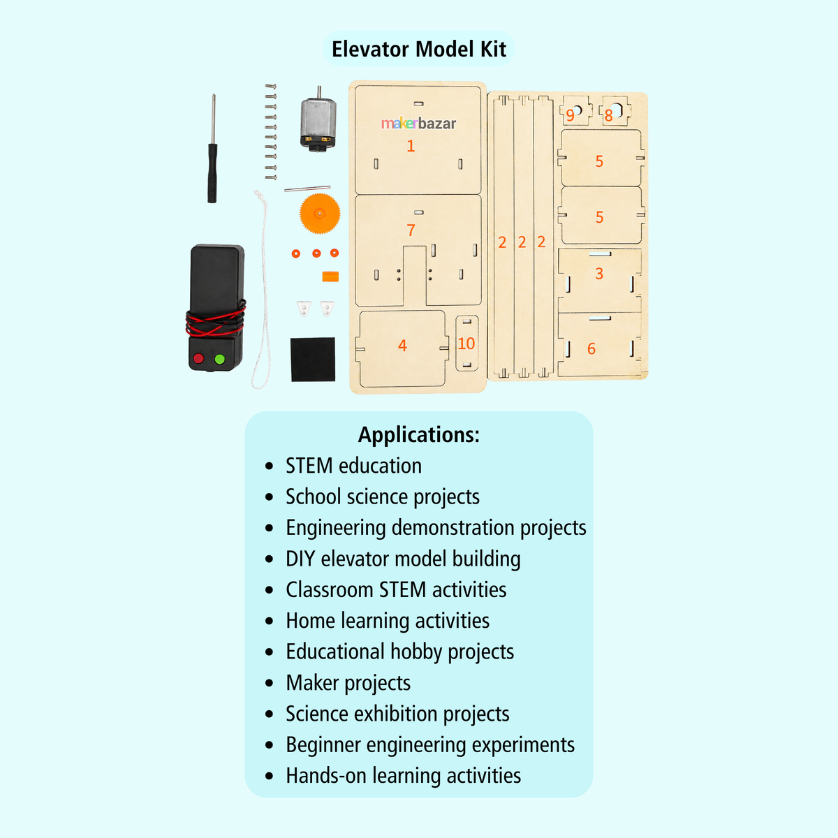 Elevator Model Kit components laid out on a light blue background, including wooden panel pieces, a small motor, a battery holder with red wiring, screws, and a printed instruction list titled Applications.