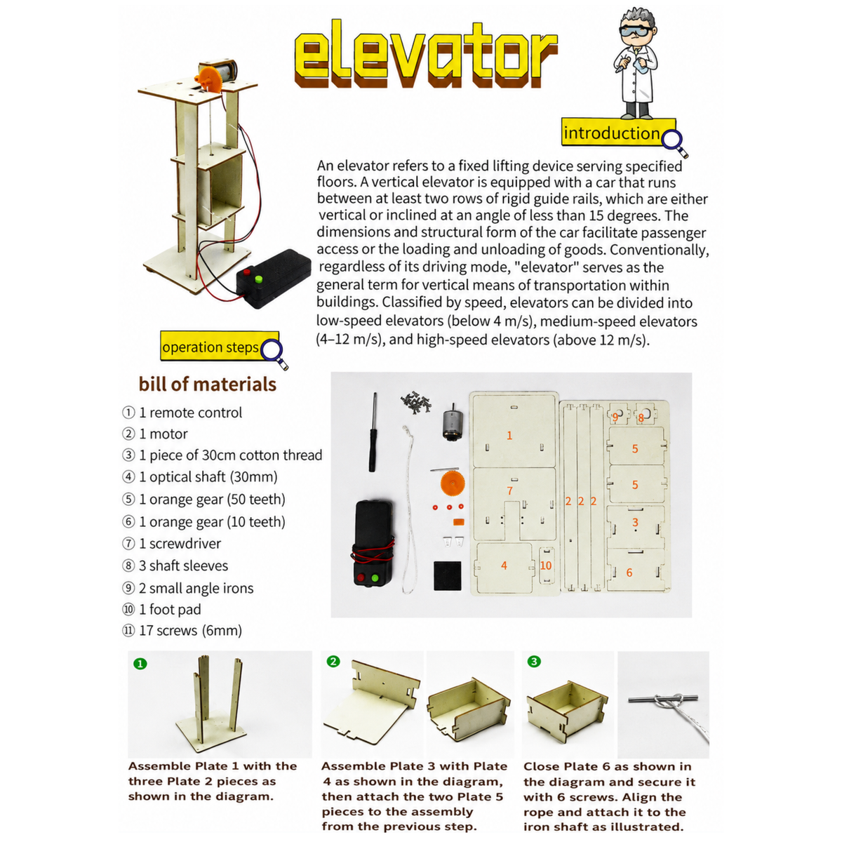An instructional diagram sheet titled 'elevatorcor introduction' showing a labeled vertical lifter/elevator assembly with parts, assembly steps, and a bill of materials on a white background.