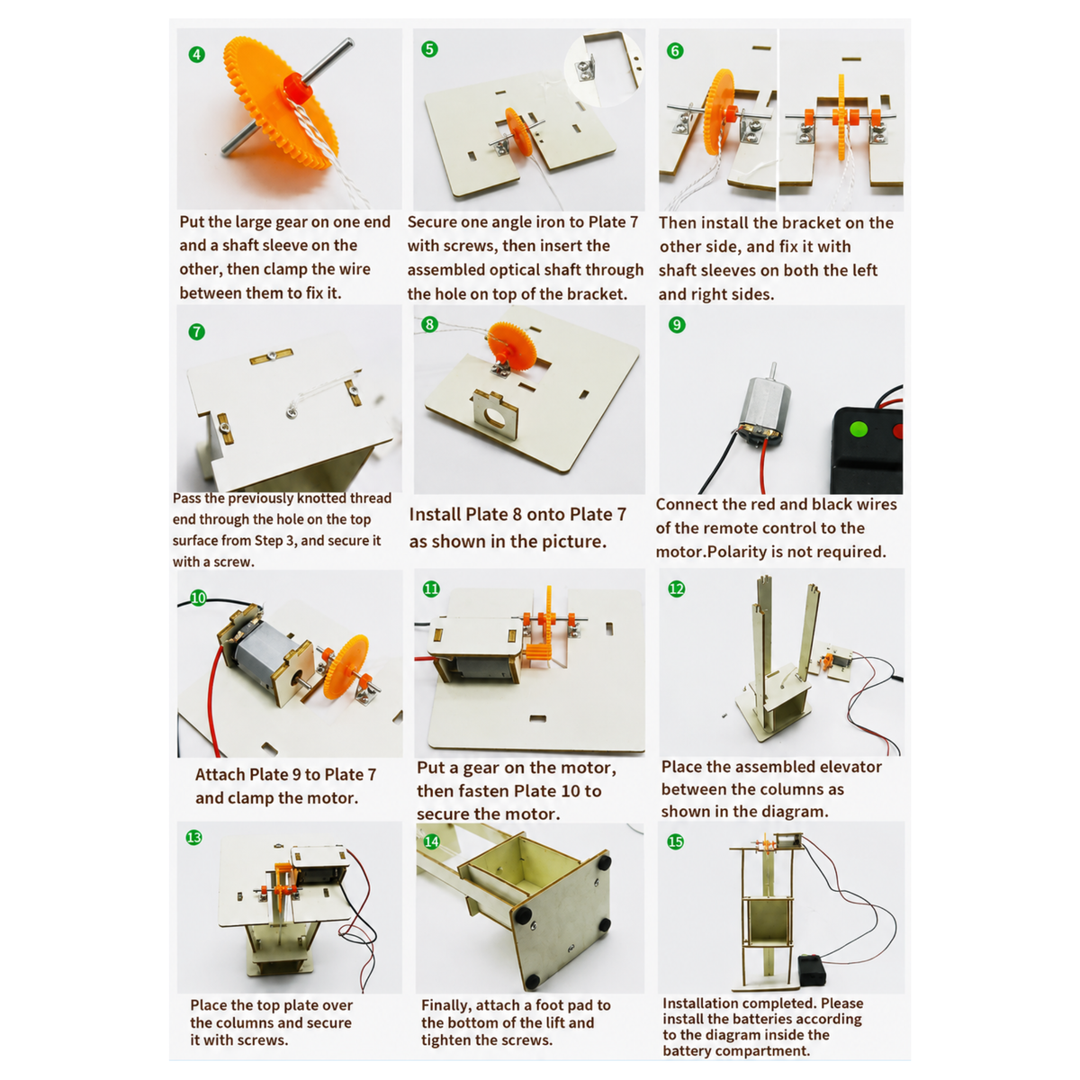 A 9-step instructional diagram showing how to assemble and install an elevator remote control system. The diagram features nine numbered panels with photos of hands using tools like a screwdriver and wrench to assemble metal brackets, an orange elevator plate, and a black remote control unit with red and black wires.