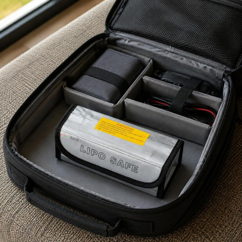 A black zippered carrying case opened to show organized interior compartments containing a silver and black LiPo battery labeled 'LIPO SAFE' with a yellow warning sticker, plus other small accessories. The case sits on a textured beige fabric surface near a window.