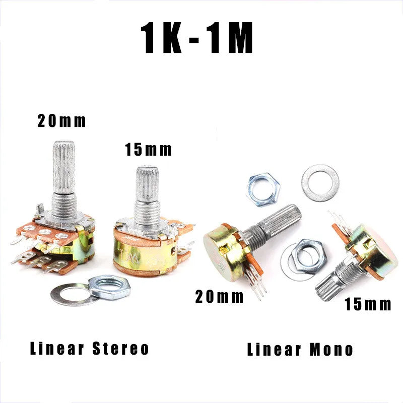 WH148 3pin 15mm Rotary Shaft Potentiometer, Linear (B) Taper Pots