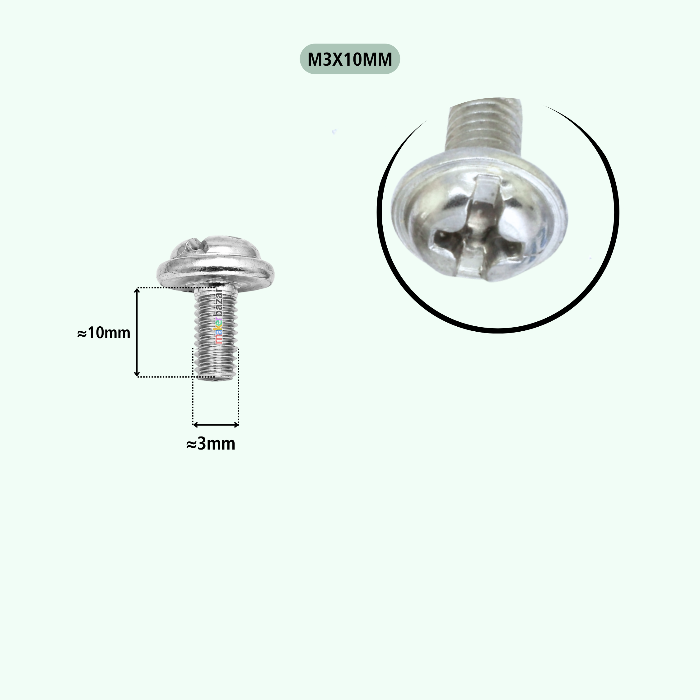 A silver metal M3x10mm screw shown on a light background, with a dimension diagram indicating approximately 10mm length and 3mm head width, plus a circular close-up of the screw head.