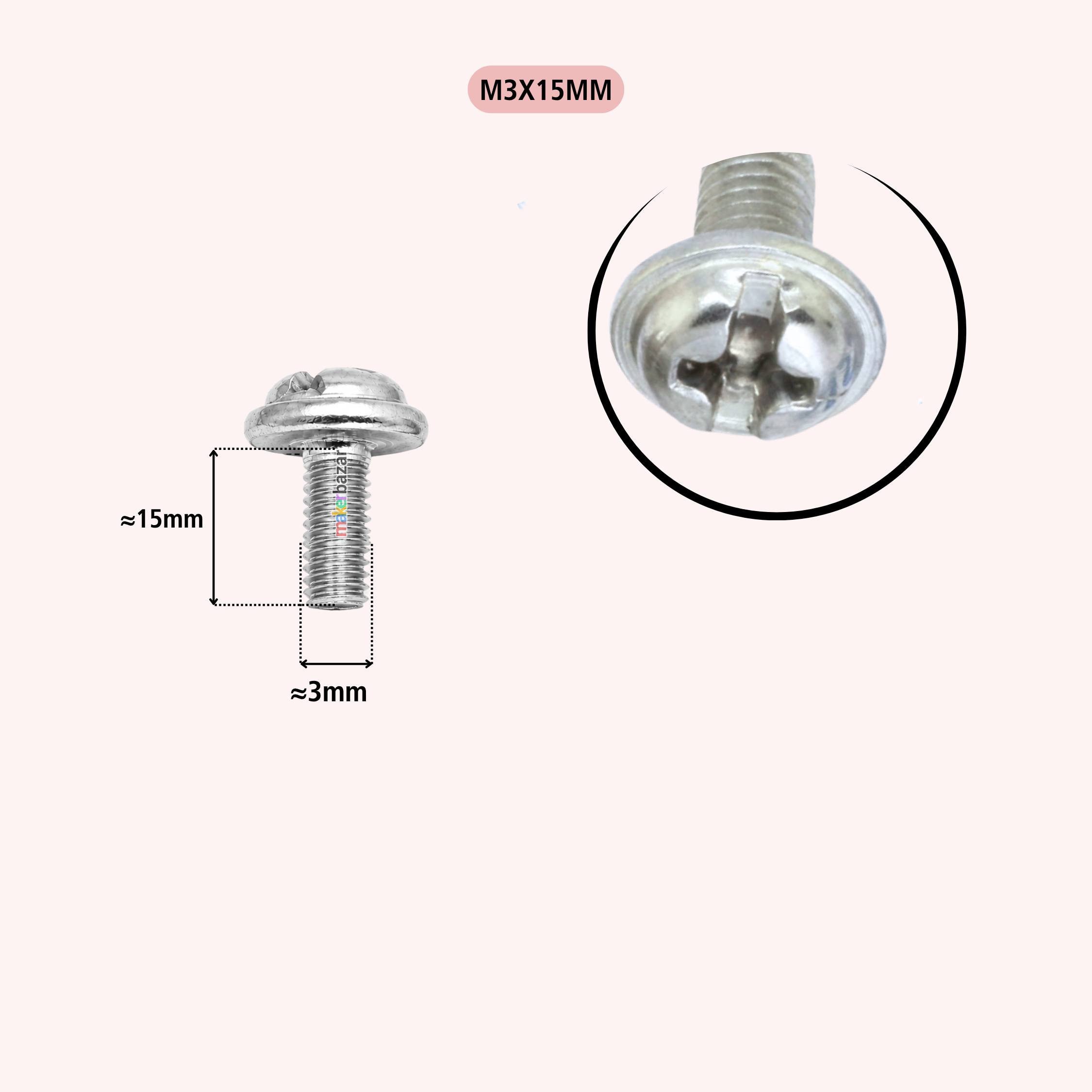 A silver metal screw fastener shown on a light beige background, with a dimension diagram indicating approximately 16mm height and 3mm width, plus a circular close-up of the head.