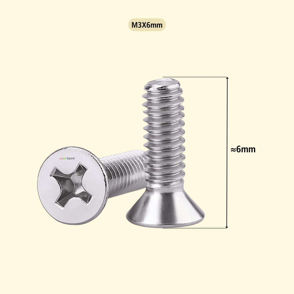 A silver metal M3x6mm screw shown on a pale beige background, with a size label at the top and a dimension marker indicating approximately 6mm length.