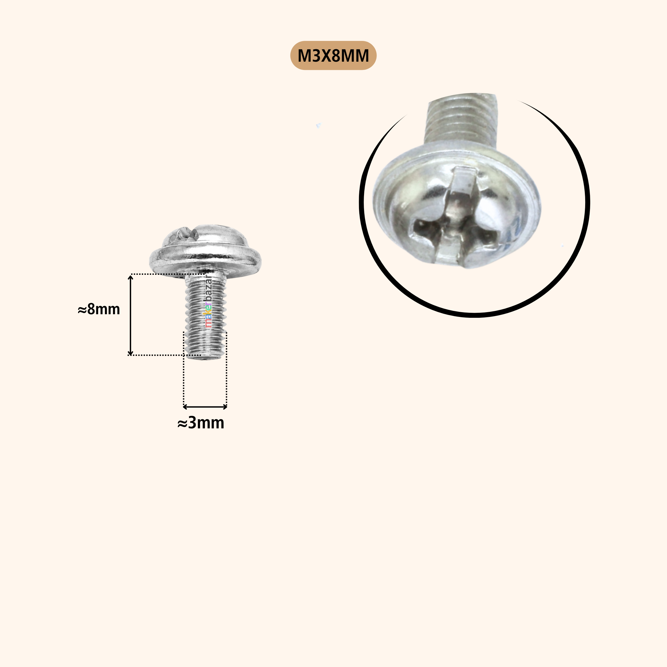 A silver metal M3x8mm flat head screw shown on a light beige background, with a dimension diagram indicating approximately 8mm head height and 3mm shank width, plus a circular close-up of the screw head.