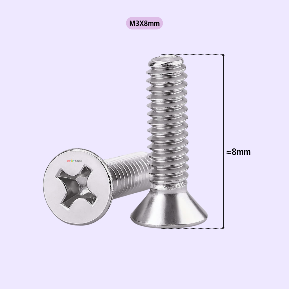Two silver metal M3x8mm screws shown on a light lavender background, with one screw head facing forward and the other showing the threaded shaft. Black dimension lines indicate a height of approximately 8mm and a diameter of 3mm.