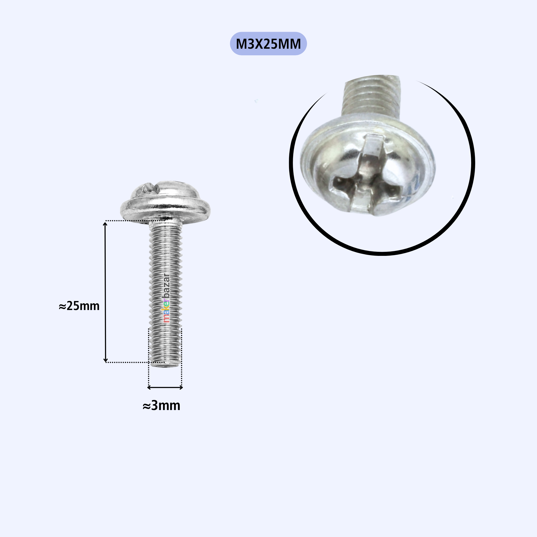 A silver metal screw fastener shown on a light gray background, with dimension labels indicating approximately 25mm length and 3mm head width, plus a circular close-up of the head.