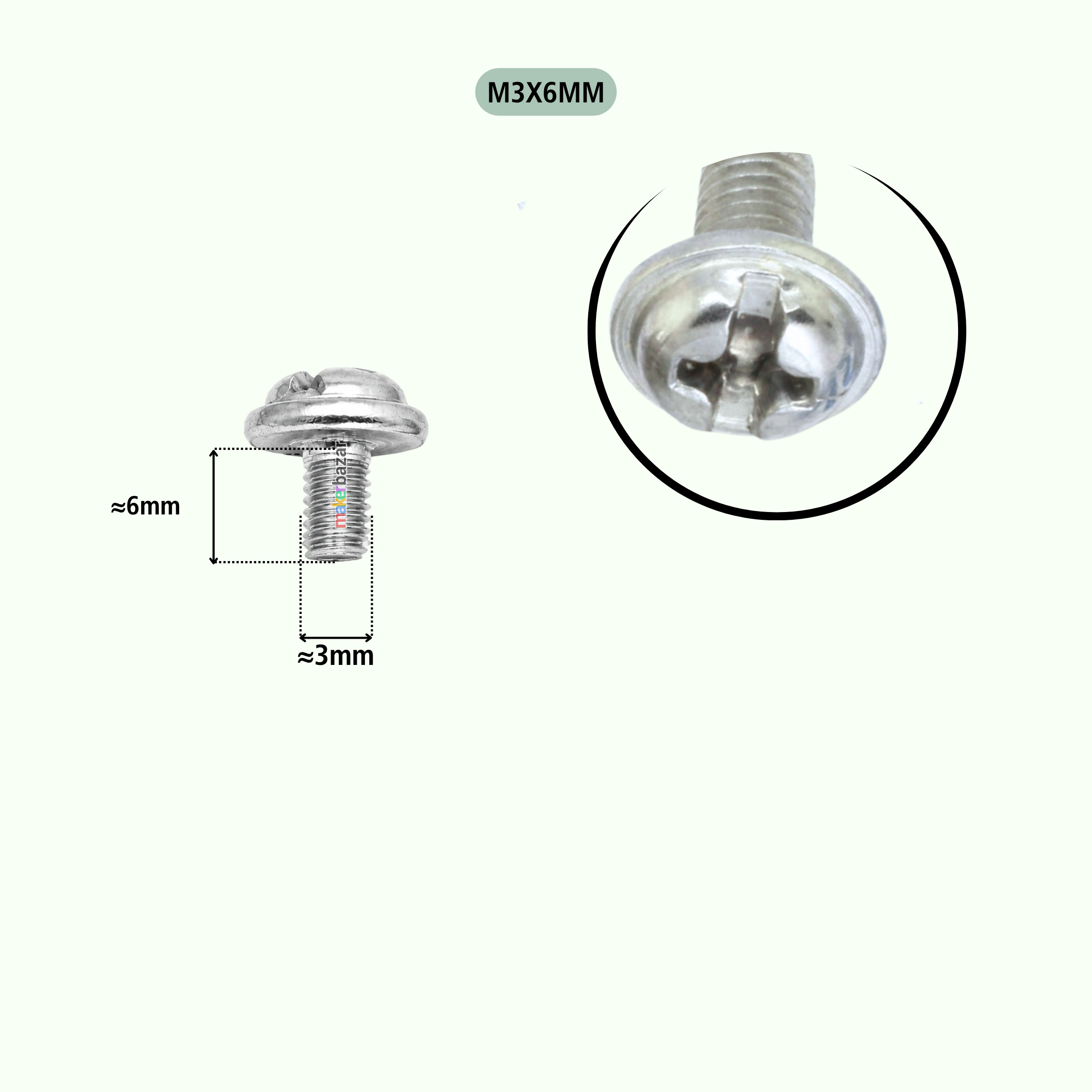 A silver metal M3x6mm screw shown on a light background, with a dimension callout indicating approximately 6mm height and 3mm width, plus a circular close-up of the screw head.