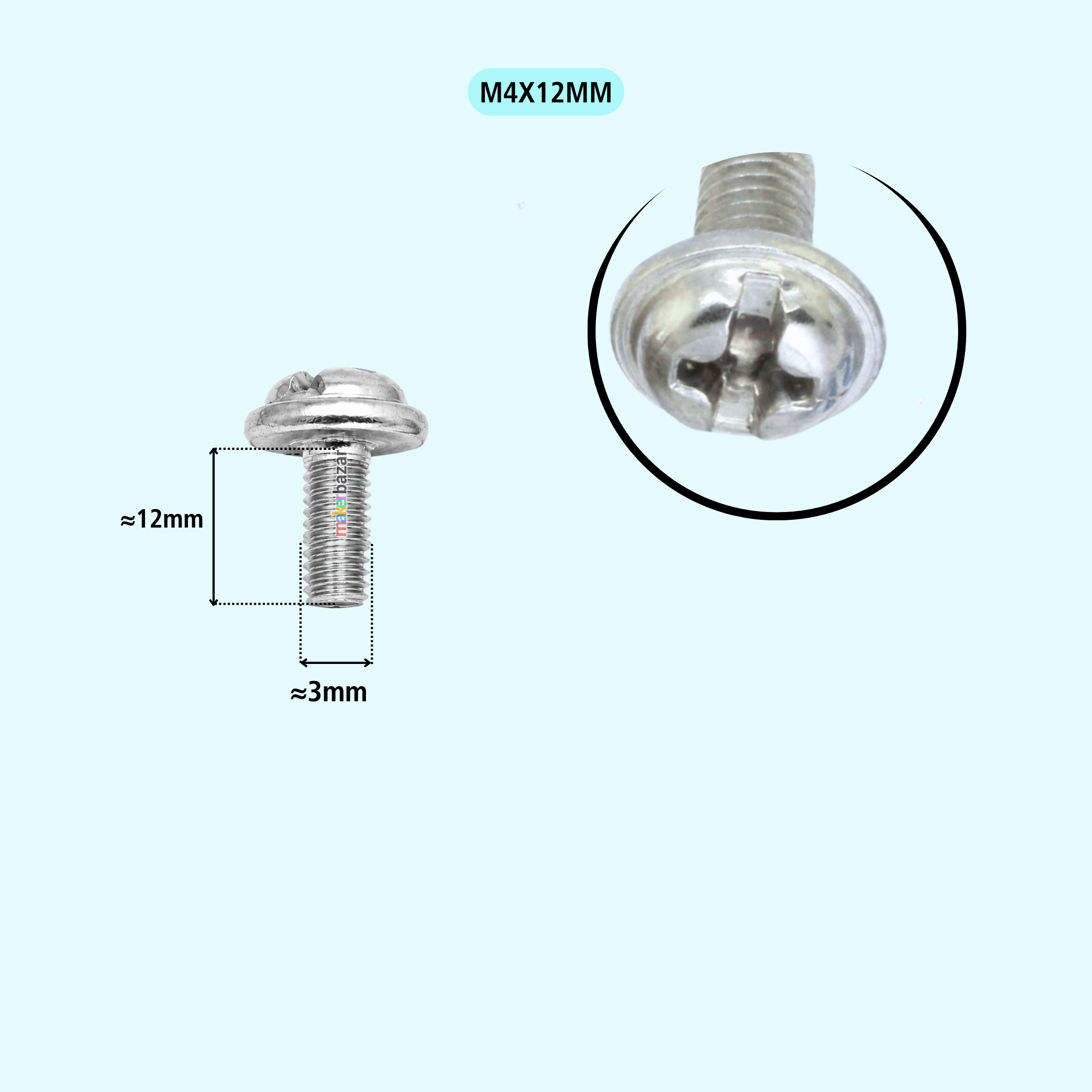 A silver metal M3x12mm screw shown on a light blue background, with a dimension label indicating approximately 12mm length and 3mm head width, plus a circular close-up of the screw head.