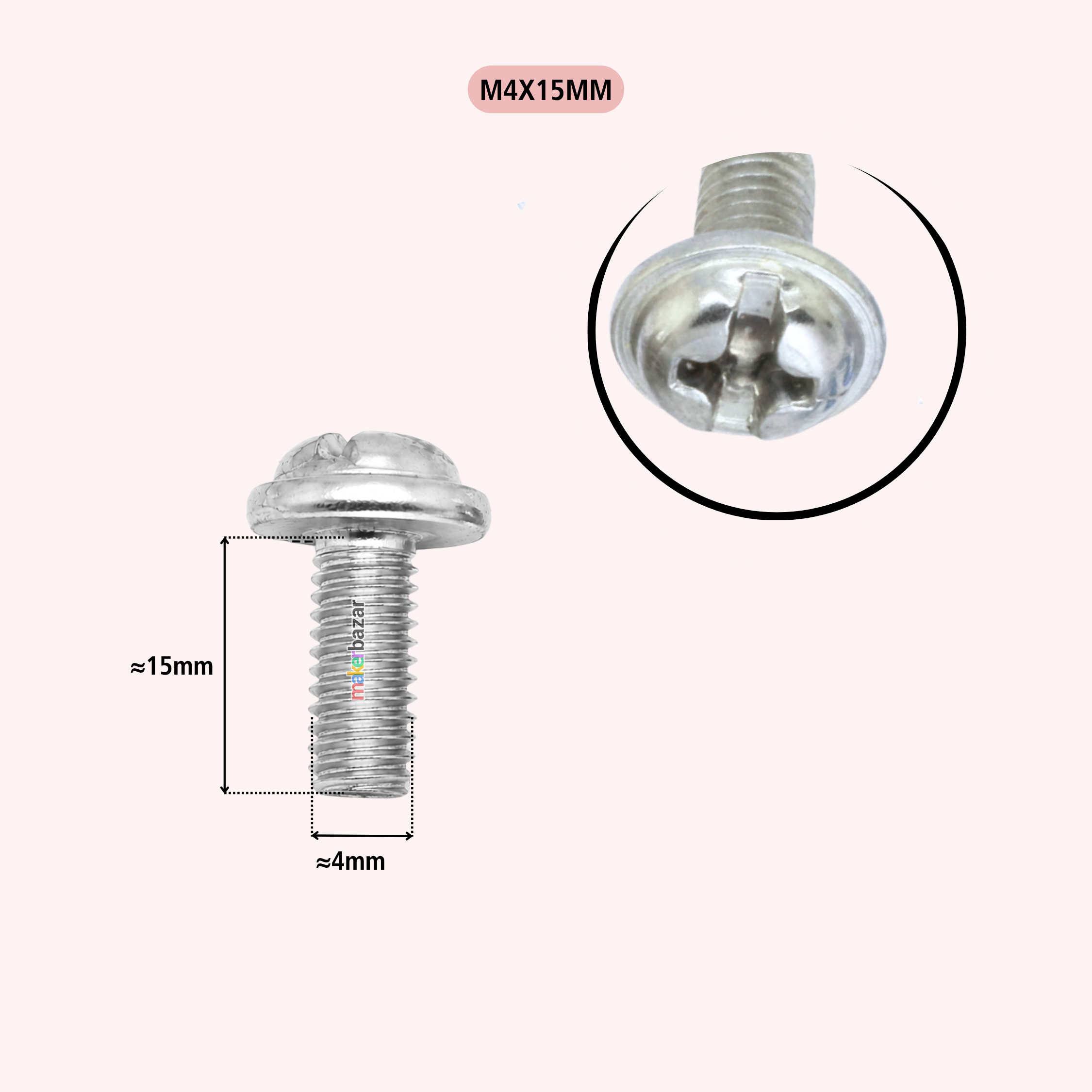 A silver metal M4x15mm screw shown on a pale pink background, with a circular close-up of the flat head and dimension labels indicating approximately 15mm length and 4mm diameter.