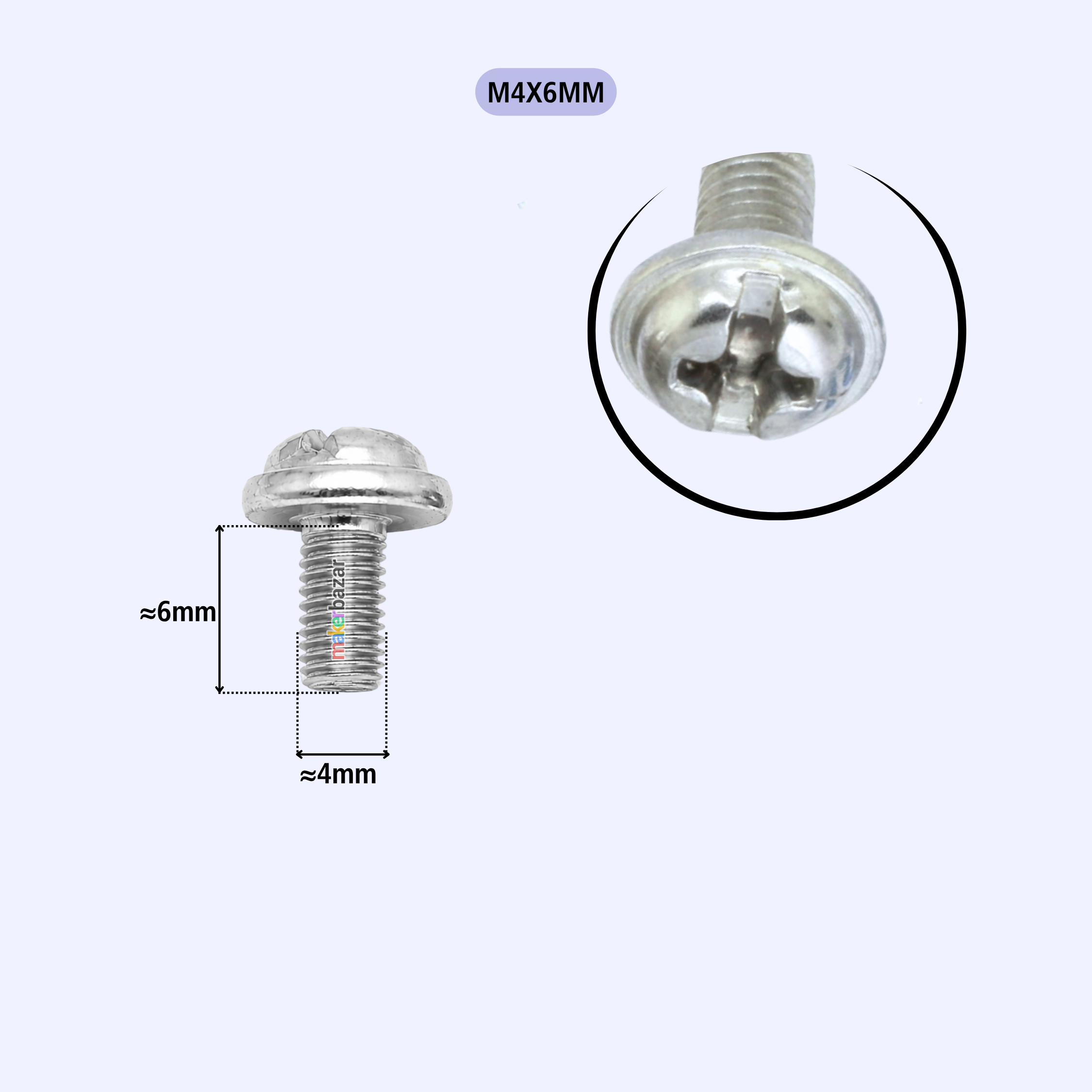 A silver metal M4x6mm screw shown on a light background, with a dimension label indicating approximately 6mm height and 4mm width, plus a circular close-up of the screw head.