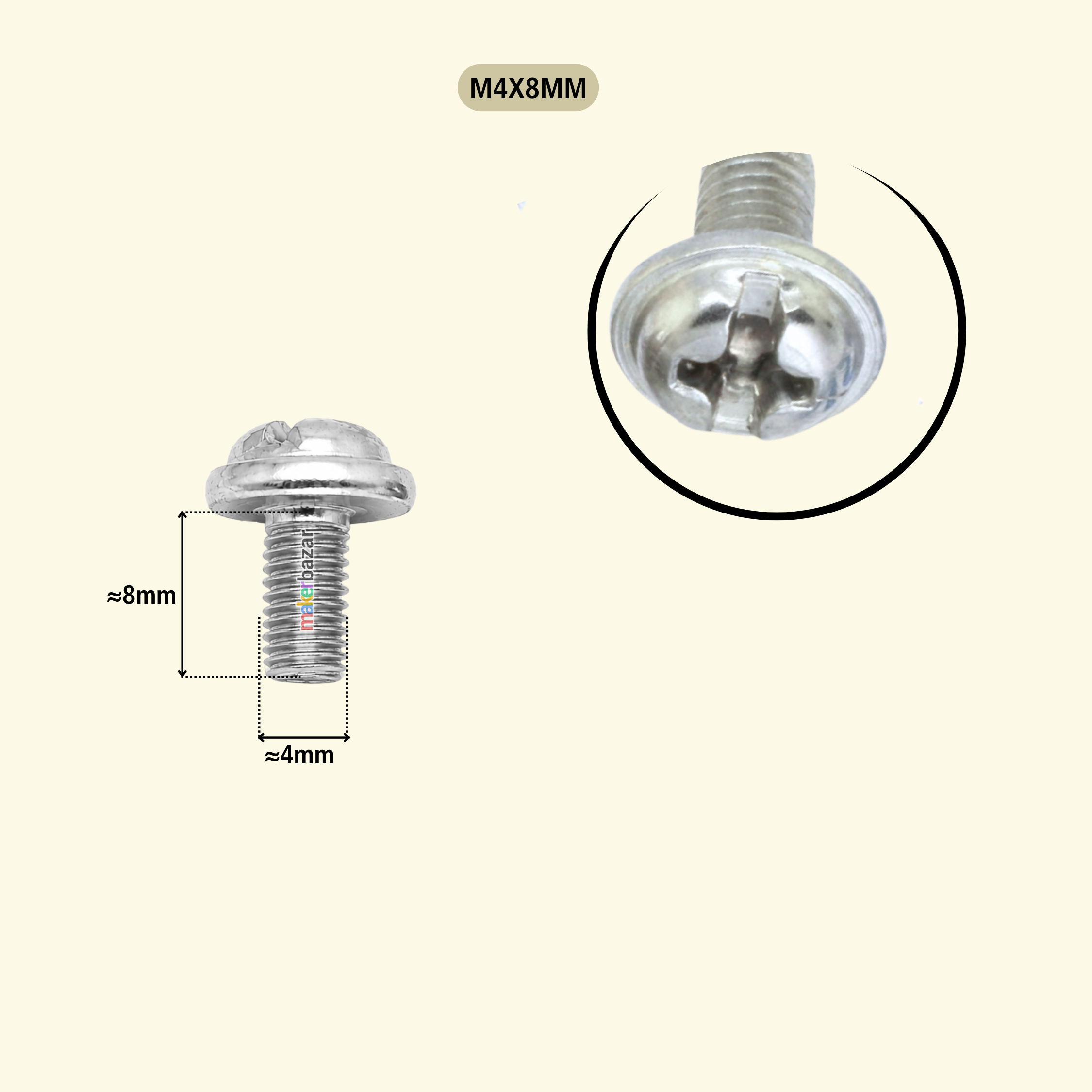 A silver metal screw fastener shown on a light beige background, with a dimension callout indicating approximately 10mm height and 6mm width, plus a circular close-up of the head.
