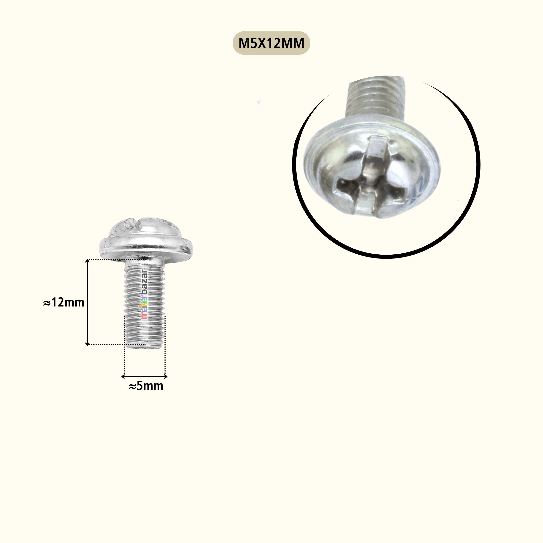 A silver metal screw fastener shown on a light beige background, with a dimension callout indicating approximately 12 mm height and 5 mm width, plus a circular close-up of the head. Text at the top reads 'M5X12MM'.