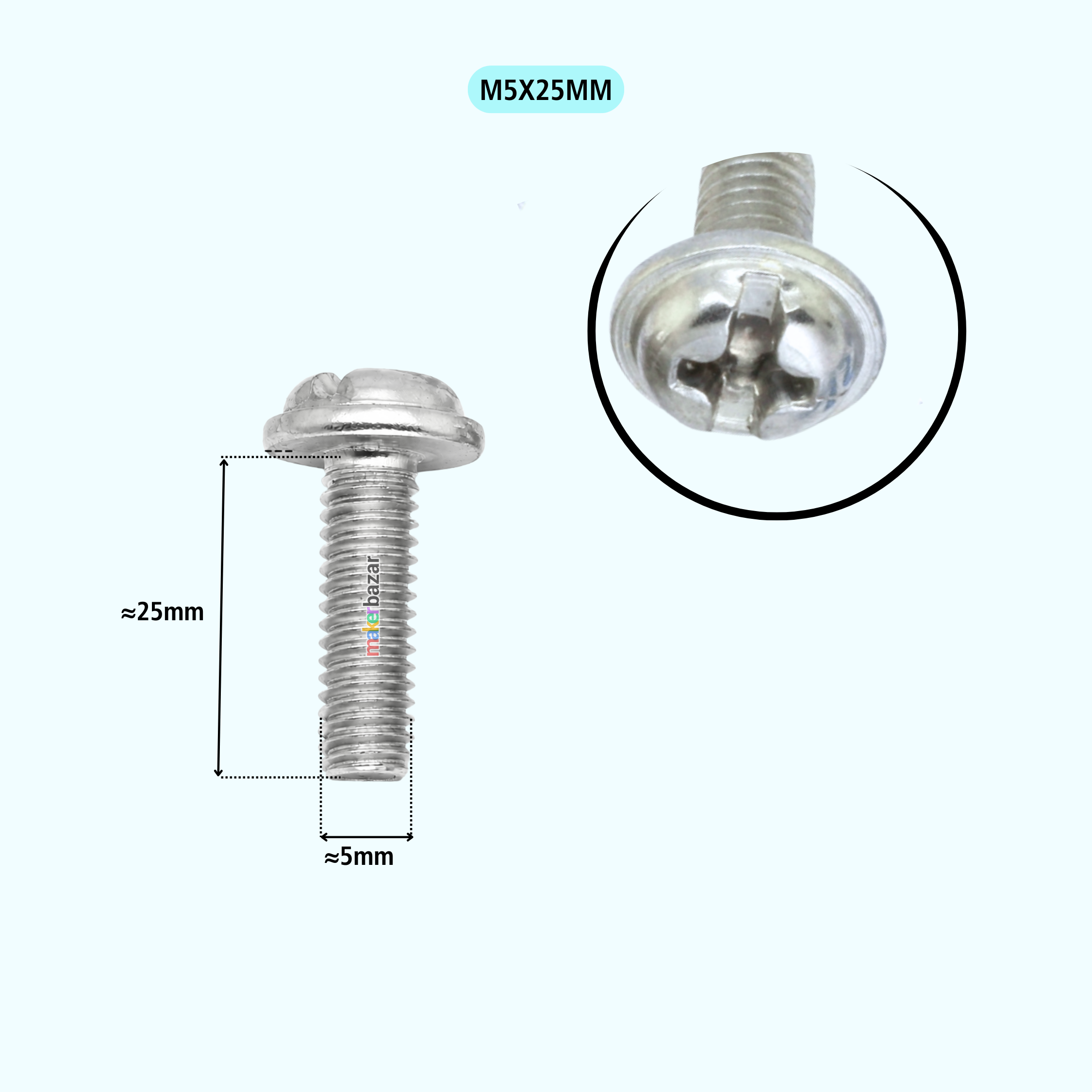 A silver metal screw fastener shown on a light background with dimension labels indicating approximately 25 mm length and 5 mm head width, plus a circular close-up of the head.