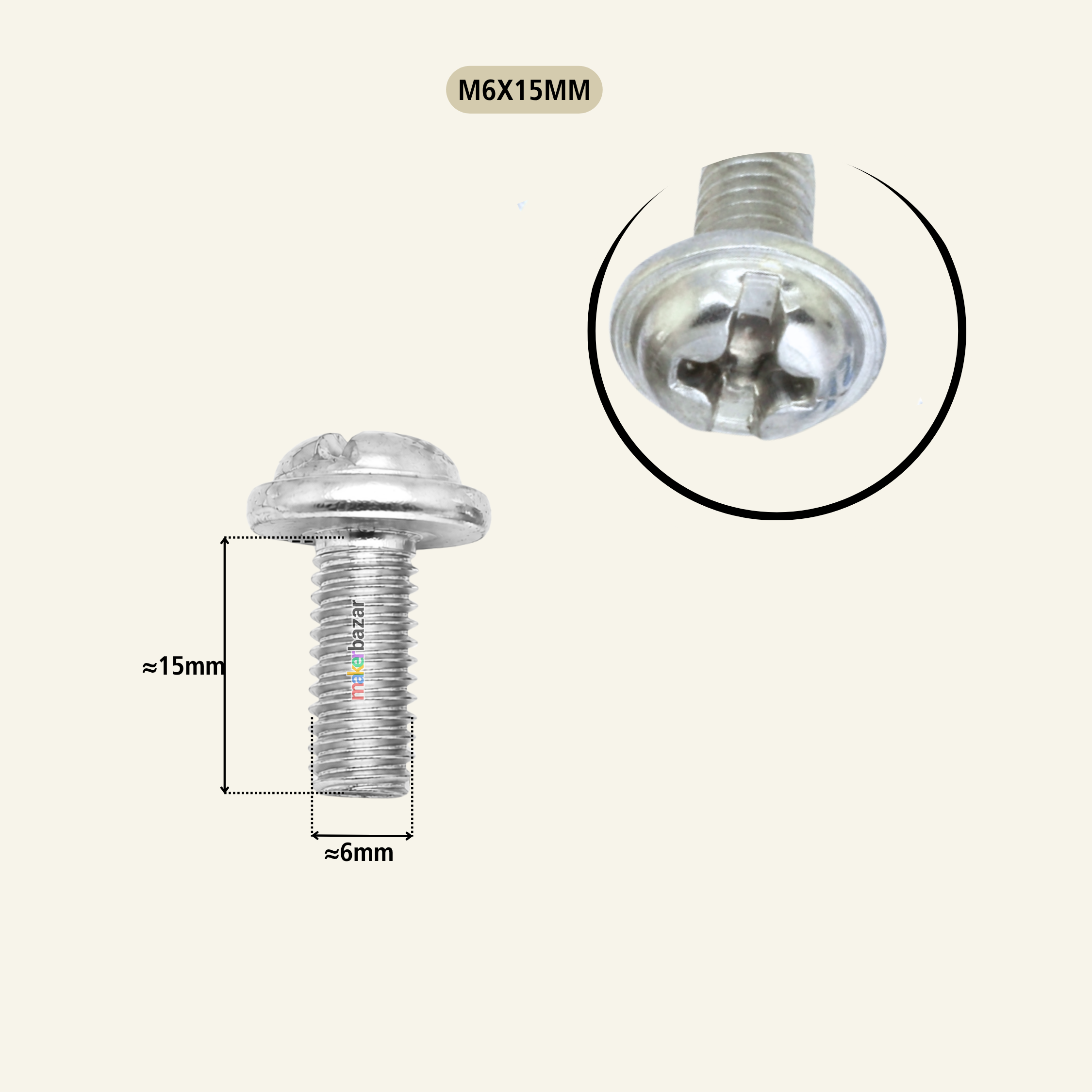 A silver metal M6X15MM screw fastener shown on a light beige background, with a dimension label indicating approximately 15mm length and 6mm head diameter, plus a circular close-up inset of the screw head.