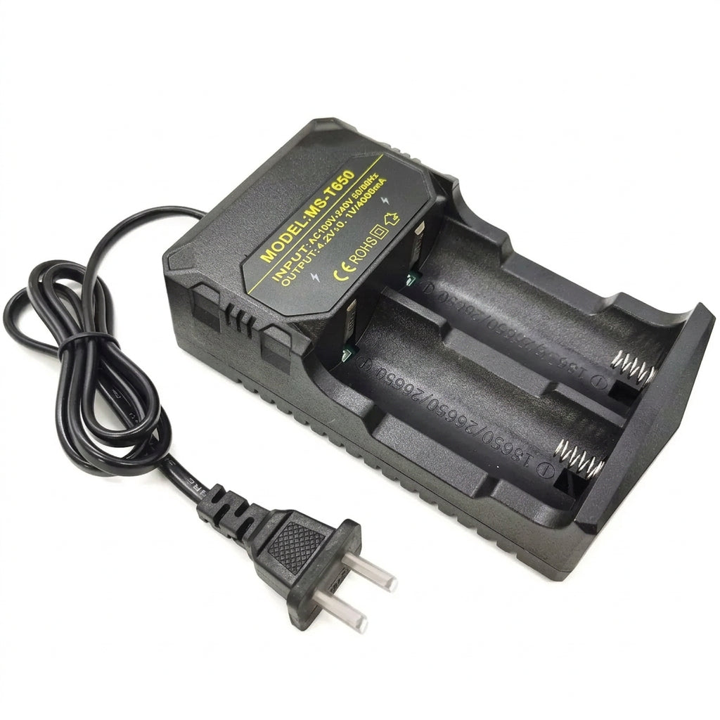 Black battery charger with power cord on a white background