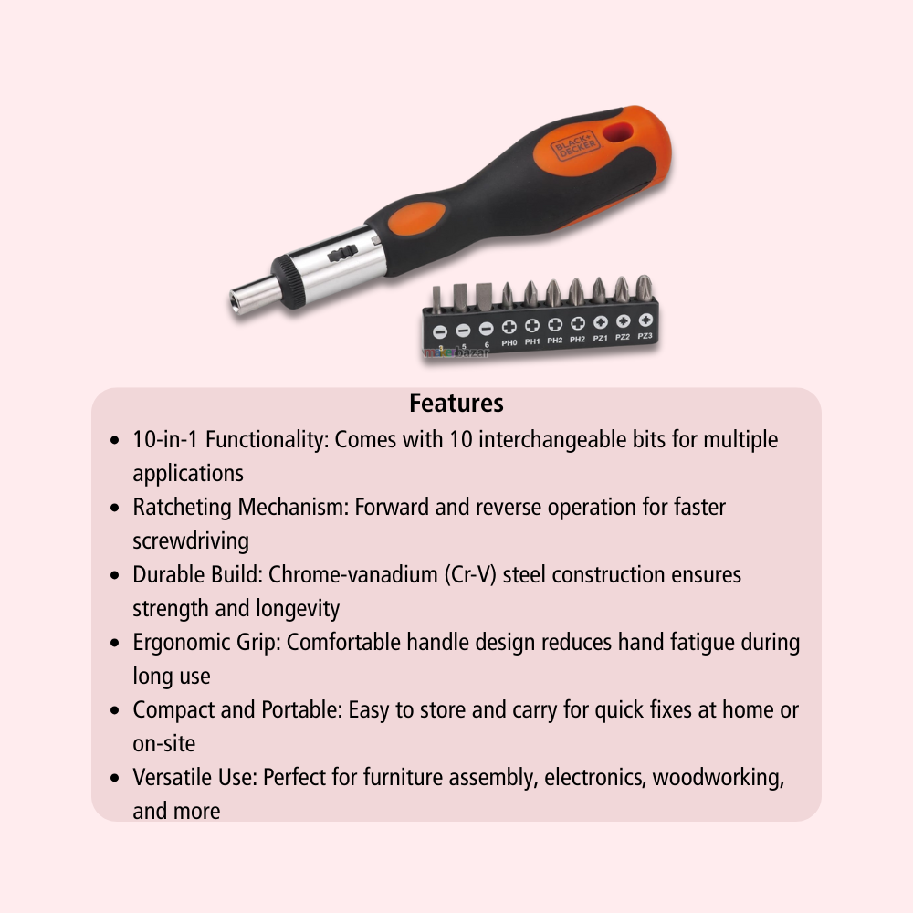 Black+Decker BDHT68127 10-in-1 Ratchet Handle Screwdriver Set – Multi-Bit Alloy Steel Precision Tool