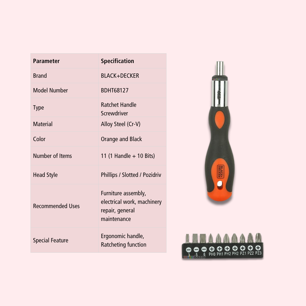 Black+Decker BDHT68127 10-in-1 Ratchet Handle Screwdriver Set – Multi-Bit Alloy Steel Precision Tool