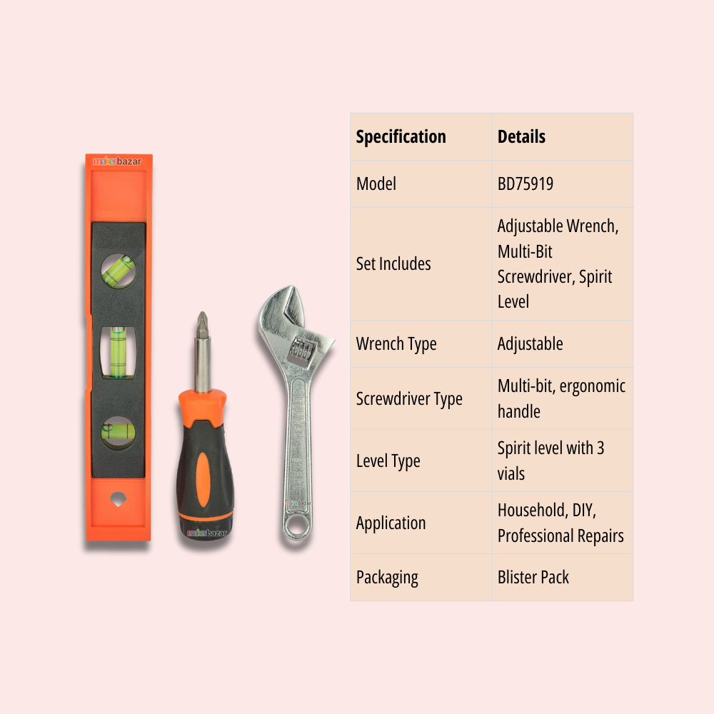 Black+Decker BD75919 3-Piece Hand Tool Set – Adjustable Wrench, Screwdriver & Spirit Level