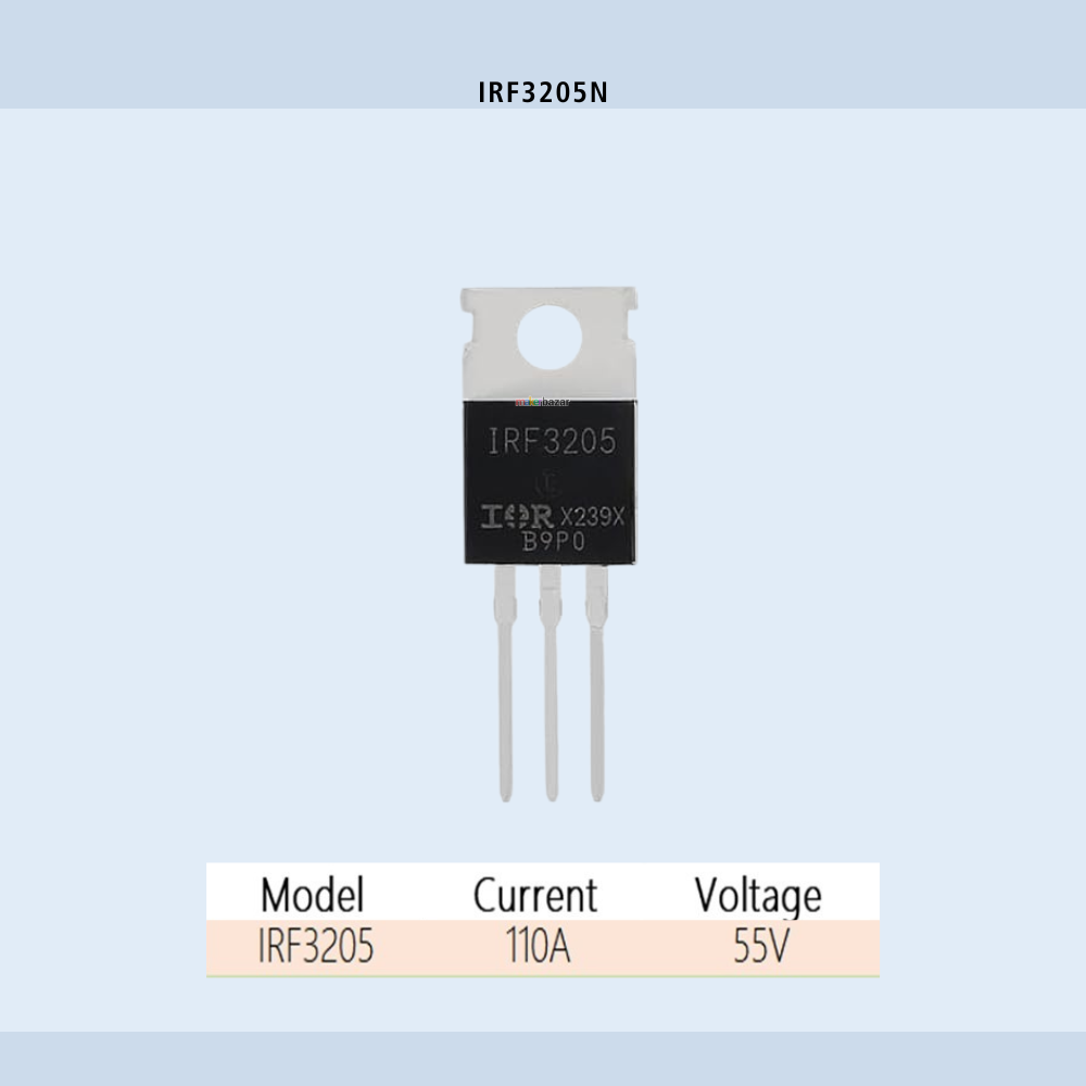 Makerbazar - Transistor with model number IRF3205 on a light blue background