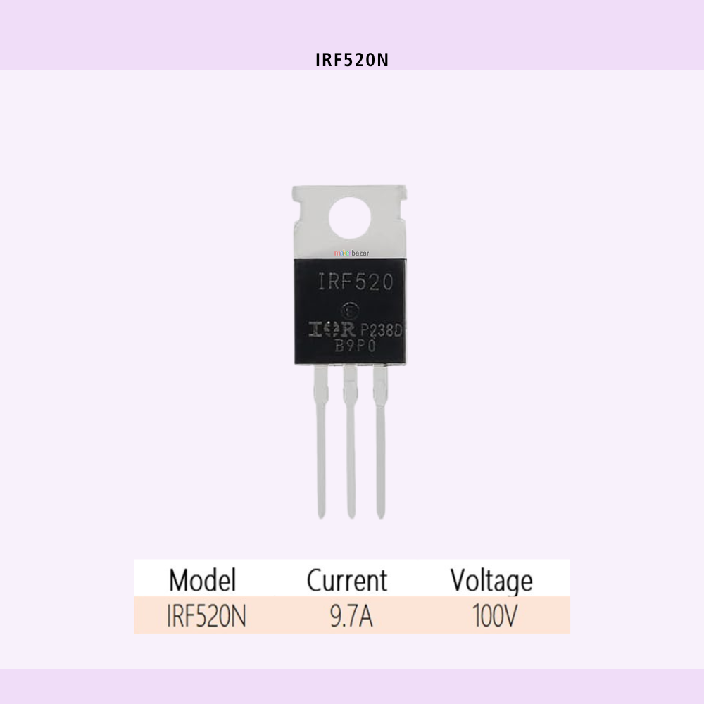 Makerbazar - Transistor with model number IRF520 on a light purple background
