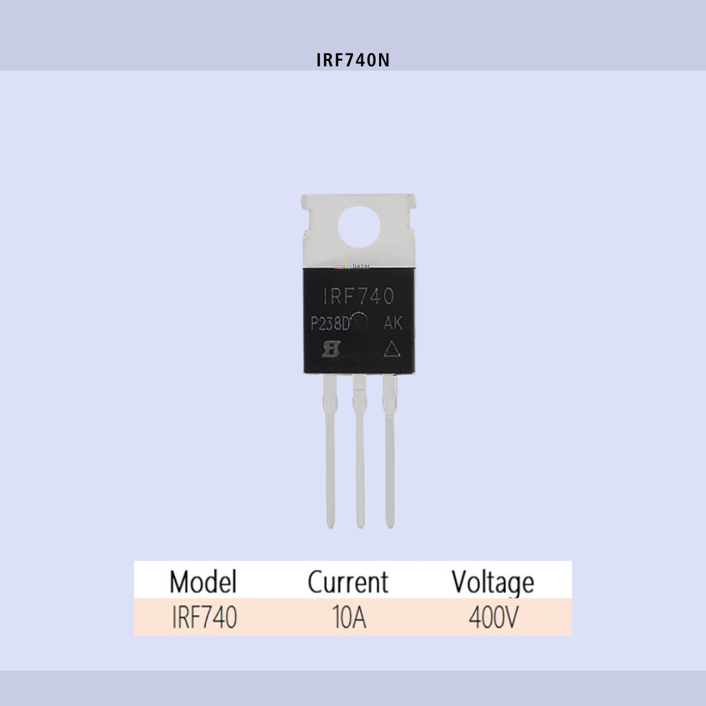 Makerbazar - Transistor with model number IRF740 on a light purple background