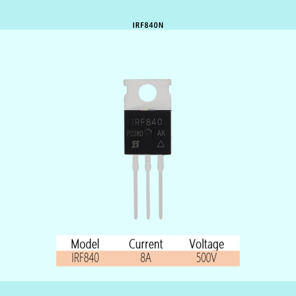 Makerbazar - Transistor with model number IRF840 on a light blue background