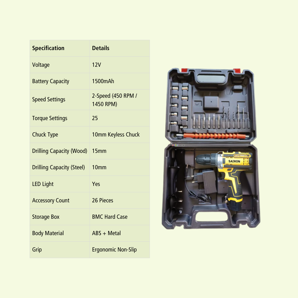 Professional 12V Cordless Drill Driver with Dual Battery | 27-Piece Kit