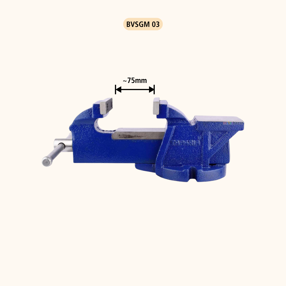 Taparia BVSGM 03 Blue bench vise with measurement label on a white background
