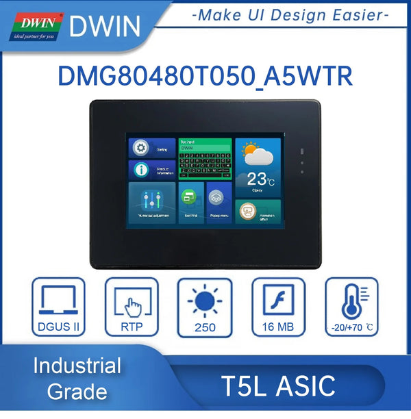 DWIN: DMG80480T050_A5W 5inch 800x480 Industrial IPS UART RS232/RS485 LCD Display With Shell