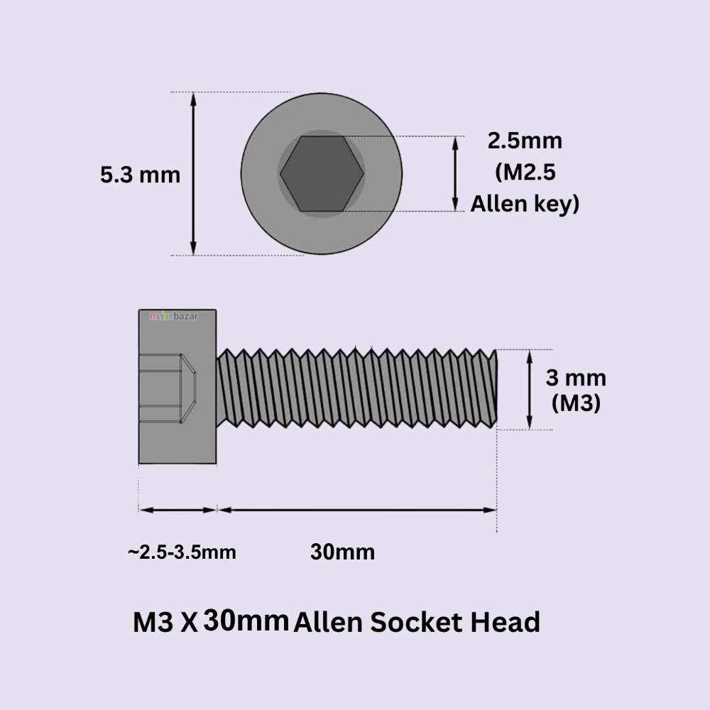 Technical diagram of an M3 x 30mm Allen socket head screw with dimensions labeled.