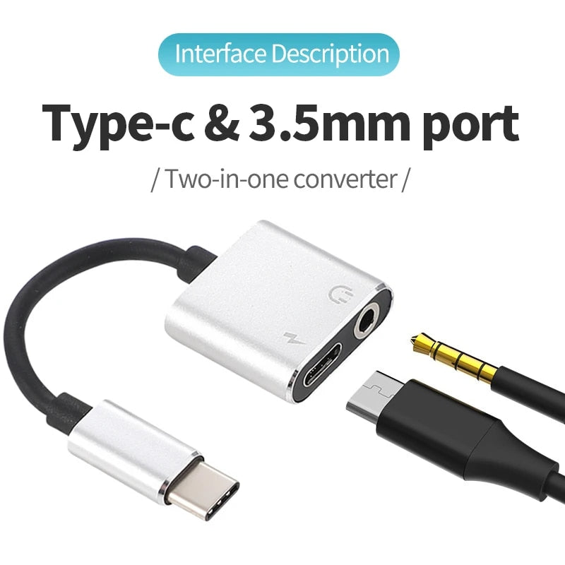2-in-1 USB Type-C to 3.5mm Audio Jack and Charging Adapter Splitter