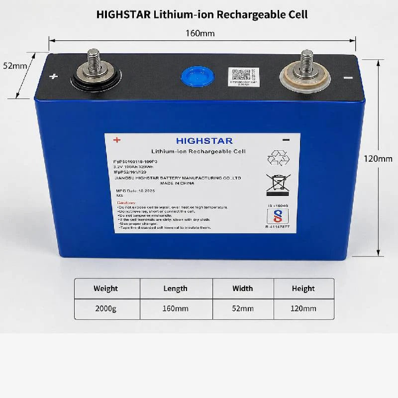 Highstar 3.2V 100Ah Prismatic Lithium Rechargeable Cell LiFePO4 Battery