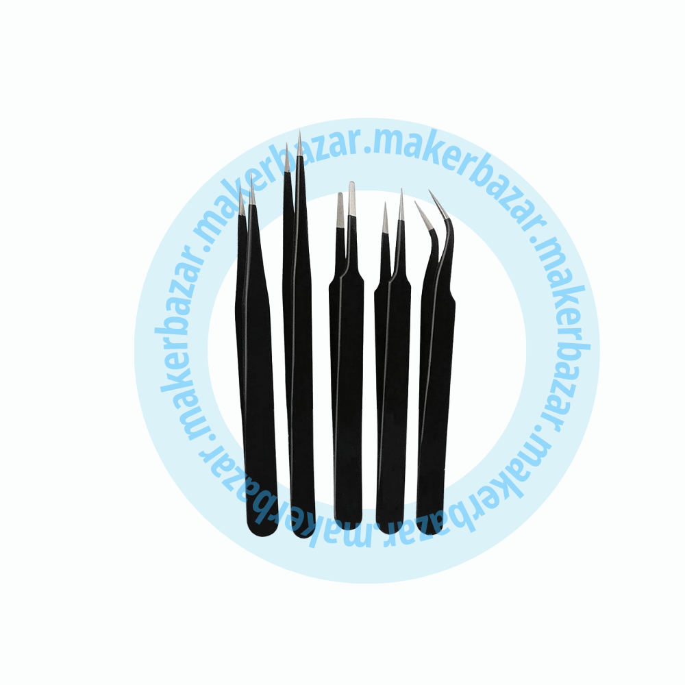 Hoki: Non-Magnetic Straight and Curved Tips Tweezers Set for Mobile/Gadget/Laptop and Jewelry Repair; Black - Set of 5 Pieces
