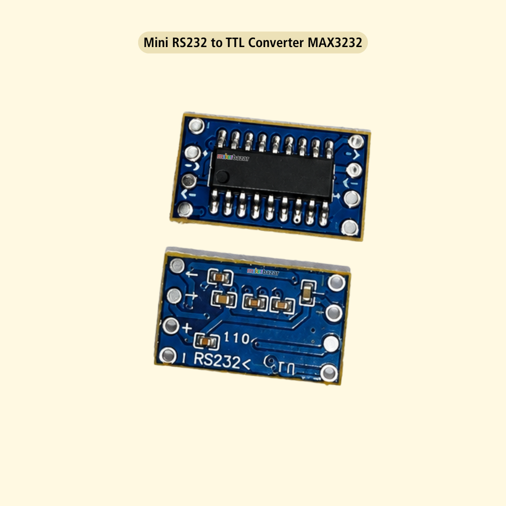 Two blue electronic circuit boards labeled 'Mini RS232 to TTL Converter MAX3232' on a light beige background, showing both sides of the board with a black integrated circuit chip and silver metal pads.