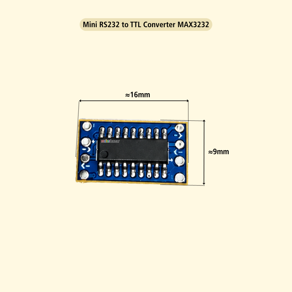 A mini RS232 to TTL converter module labeled MAX3232, shown on a light cream background with dimension annotations indicating approximately 16mm by 9mm.