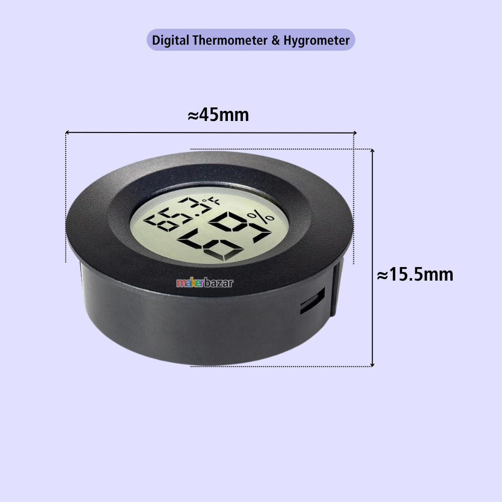 A digital thermometer and hygrometer shown on a light lavender background with dimension lines indicating approximately 45 mm in width and 15.5 mm in height.