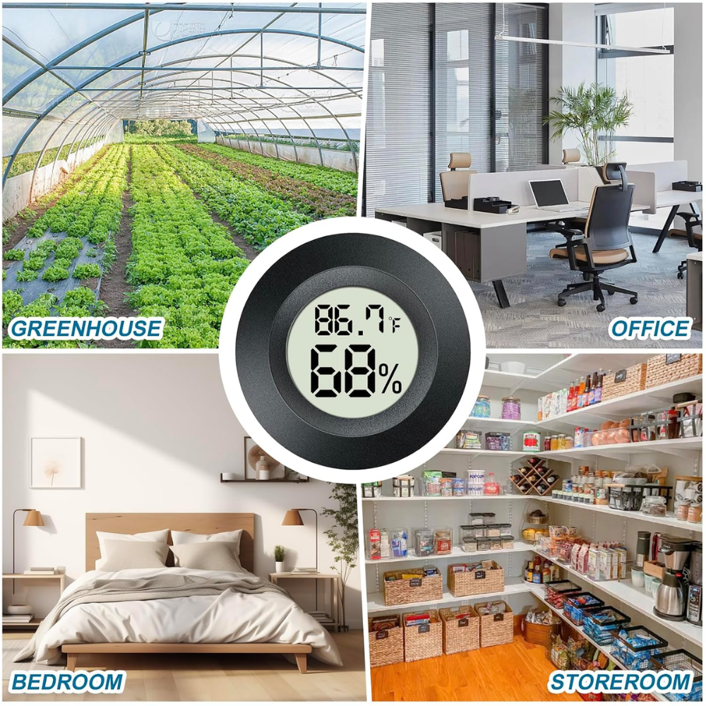 A digital indoor environment monitor with a round black and white display showing temperature and humidity, overlaid on a four-panel collage of a greenhouse, office, bedroom, and store room.