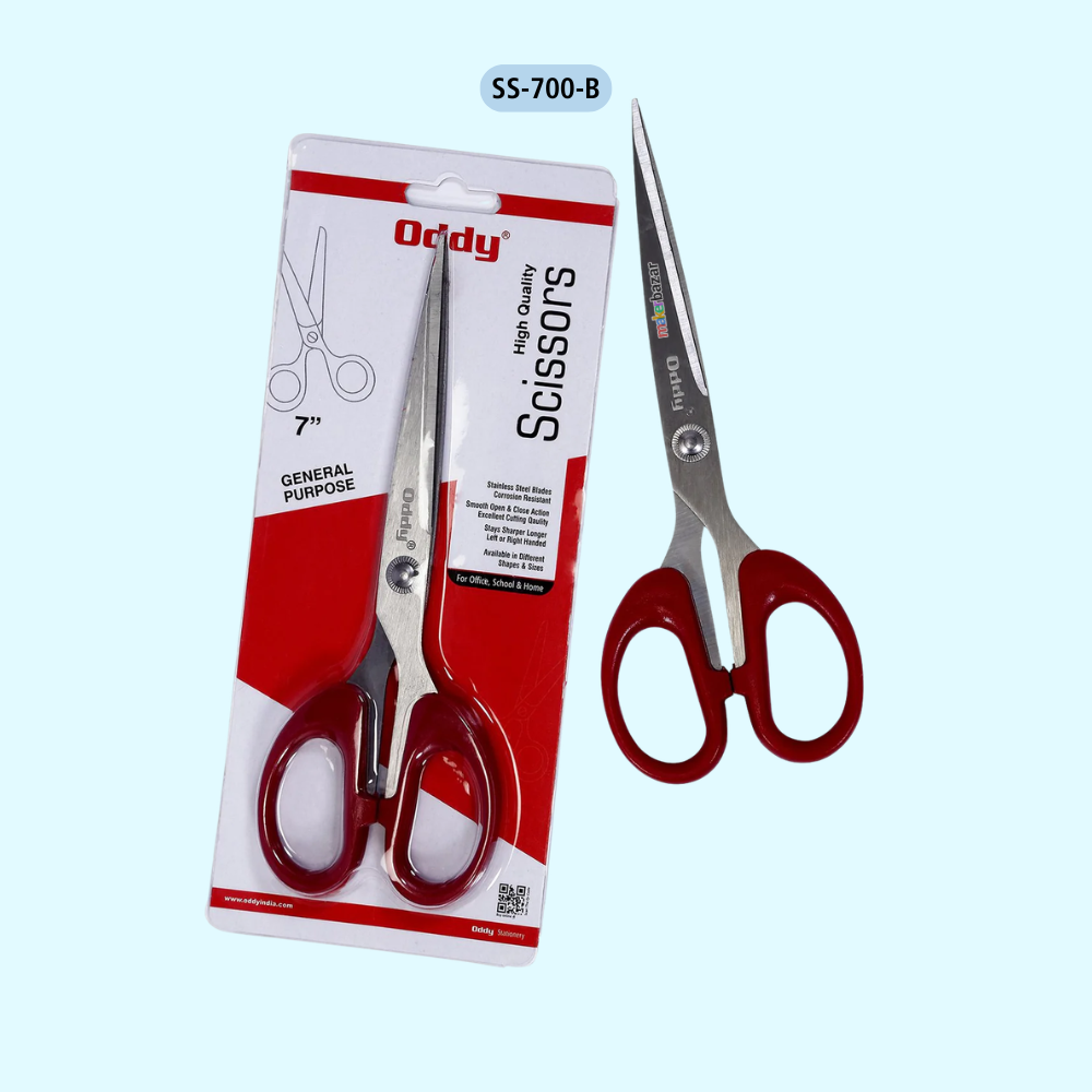 Oddy 7-inch general purpose scissors shown both inside its red and white retail packaging and as an open pair of scissors on a light blue background. The product code SS-700-B is displayed at the top.