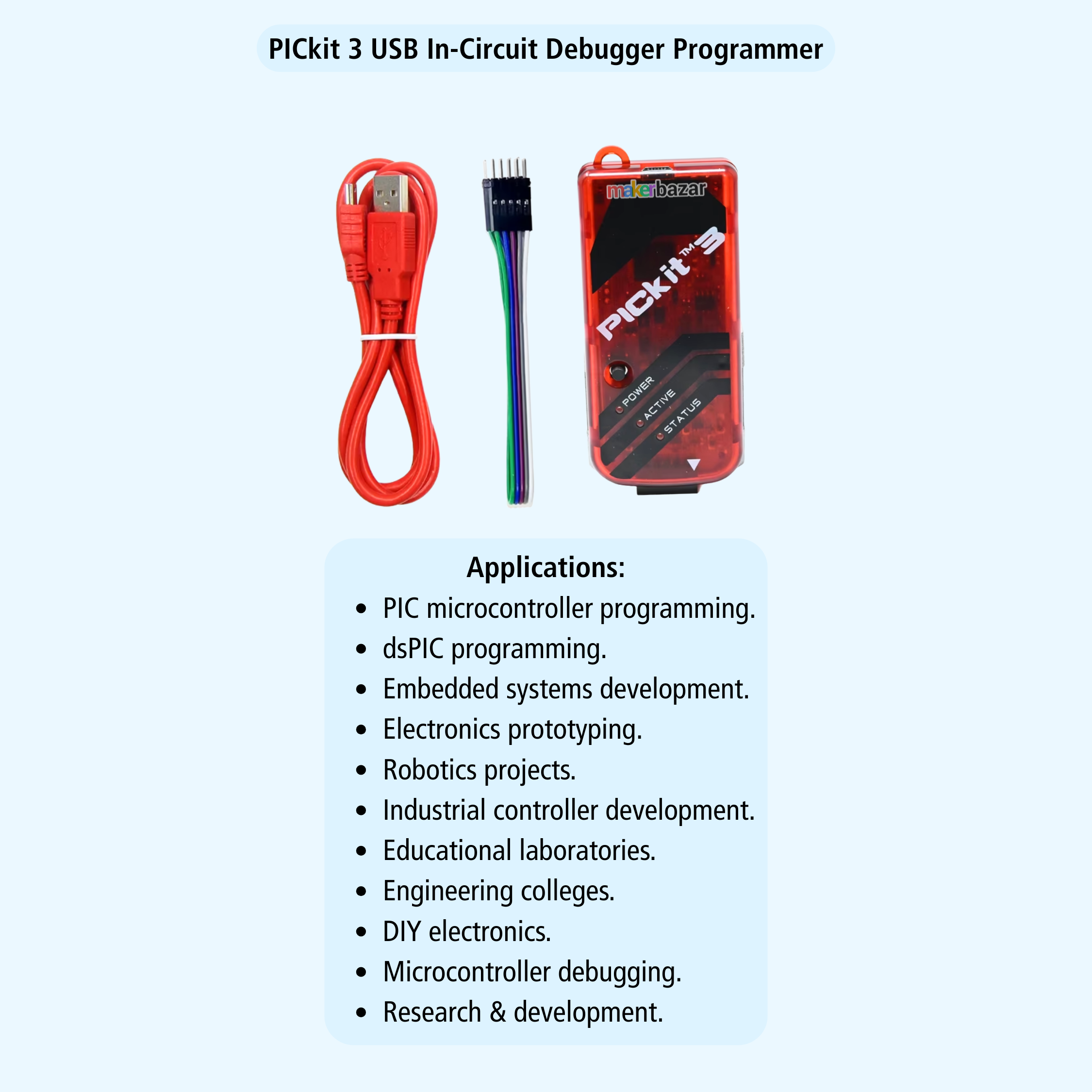 PICkit 3 USB In-Circuit Debugger Programmer kit on a light blue background, showing the red USB cable, connector wire, and red/black debug module, with text listing applications such as PIC microcontroller programming and electronics debugging.
